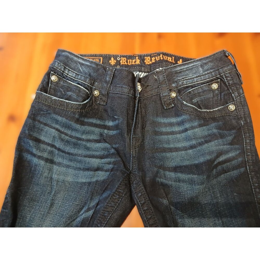 Rock Revival Jeans Dark Blue Wash Faded Distressed Heath Bootcut Size 30 - Picture 4 of 10